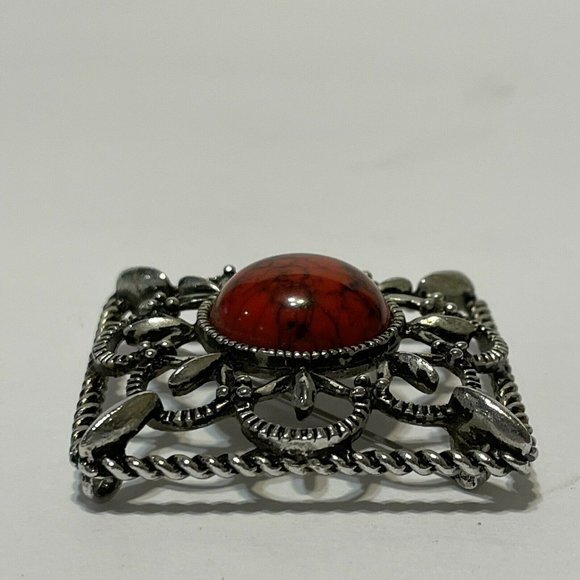 Vintage Sarah Coventry Silver Tone Square Pin Red Orange Stone Brooch Open Work - Picture 2 of 7